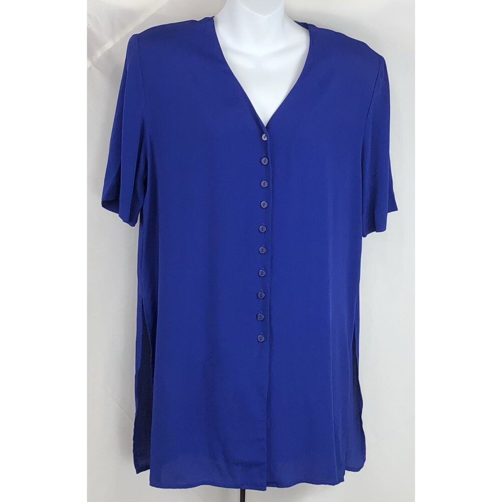 Vintage w/Tags Casual Corner Silky Top Blouse L Blue Button Up Career 90s Y2K
